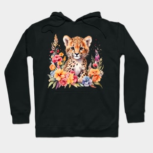 A baby cheetah decorated with beautiful watercolor flowers Hoodie